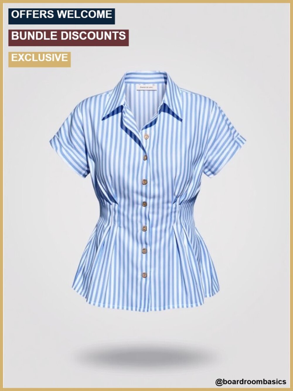 Striped Button Down Collared Short Sleeve Peplum Top Blouse